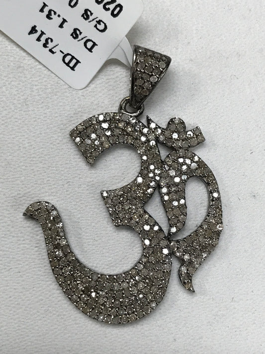 Om Diamond Charm .925 Oxidized Sterling Silver Diamond Charms, Genuine handmade pave diamond Charm Size Approx (31 x 26mm)