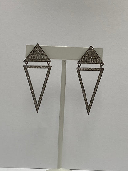 Diamond Art Deco Triangular Diamond Earring, Pave Diamond Earring,Pave Art Deco Earring, Approx 60 x 17mm. Sterling Silver