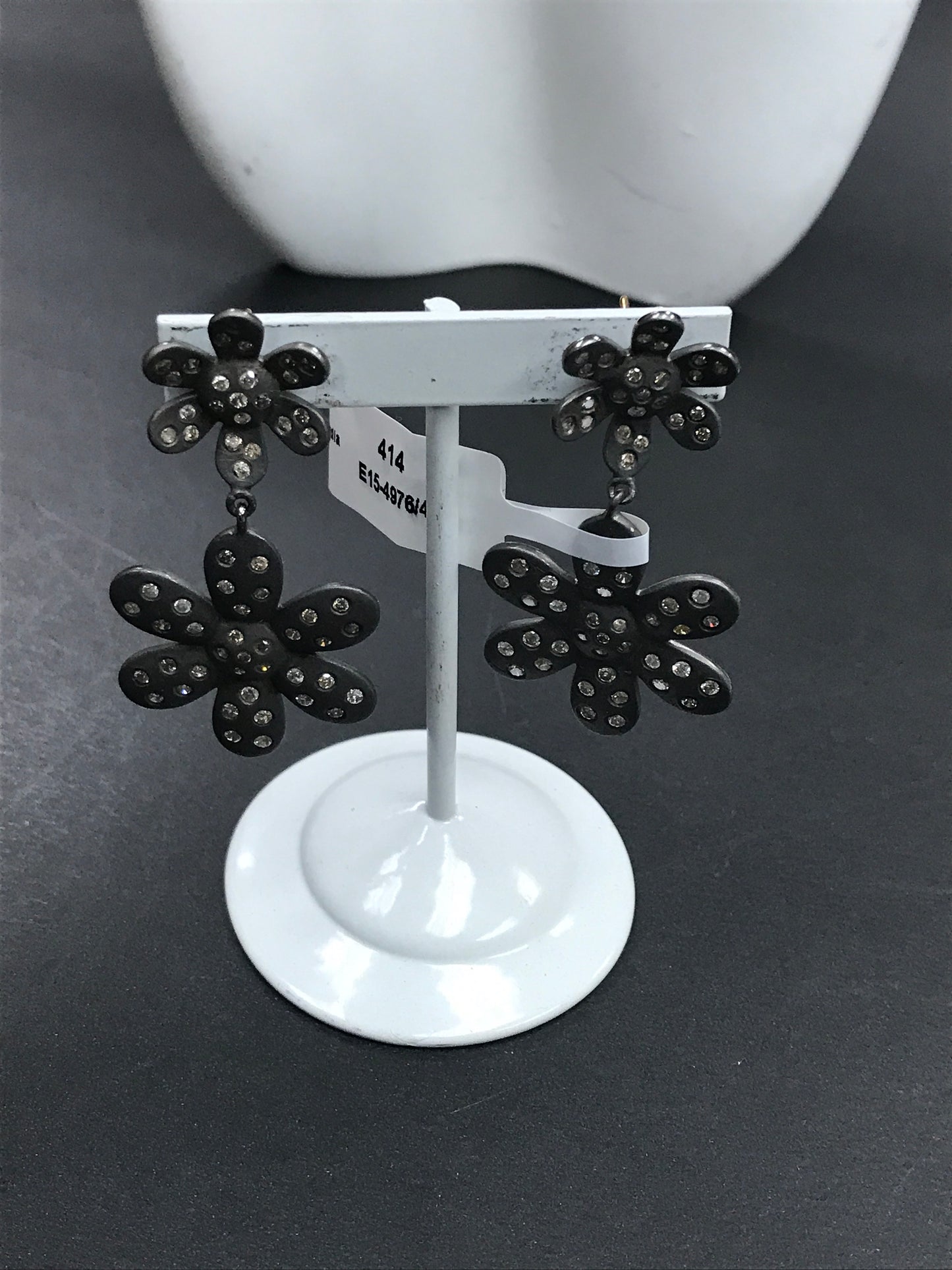 Flower Shape Diamond Earring .925 Oxidized Sterling Silver Diamond Earring, Genuine handmade pave diamond Earring.