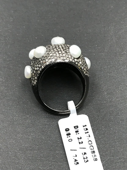 Diamond Dome Diamond Ring with Pearls, Pave Diamond Ring, Pave Dome Ring with Pearls, Approx 19 x 24mm. Sterling Silver