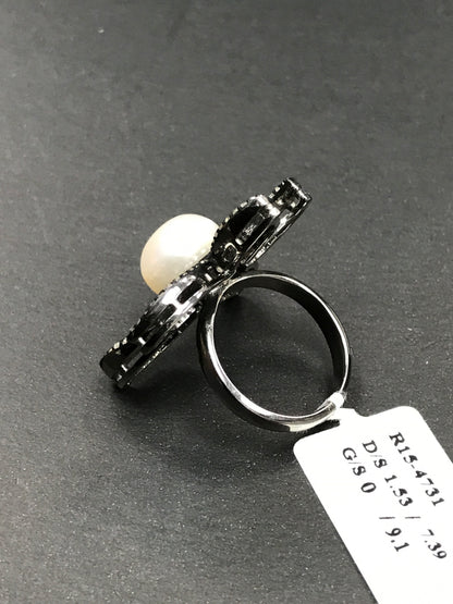 Flower Pave Diamond Ring .925 Oxidized Sterling Silver Diamond Ring, Genuine handmade pave diamond Ring Size Approx 1.20"(30 MM)