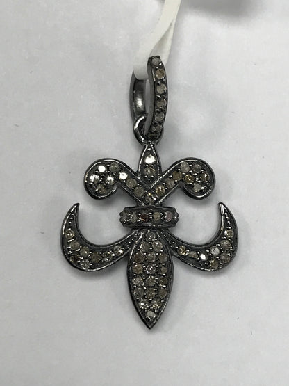Fleur Di Lis Diamond Charm .925 Oxidized Sterling Silver Diamond Charms, Genuine handmade pave diamond Charm Size 18 x 22 MM