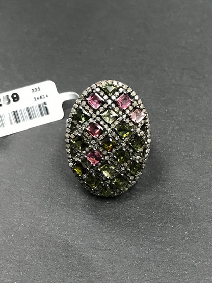 Diamond Oval Shape Tourmaline Diamond Ring, Pave Diamond Ring, Pave Oval Shape Tourmaline Ring, Approx 28 x 18mm