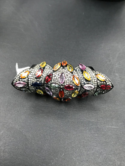 Diamond and Silver Multi Sapphire Stone Black Rhodium Finish Ring