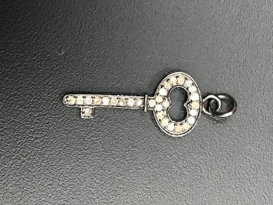 Key Diamond Charm .925 Oxidized Sterling Silver Diamond Charms, Genuine handmade pave diamond Charm Size Approx 1.0"( 12 x 25 mm)