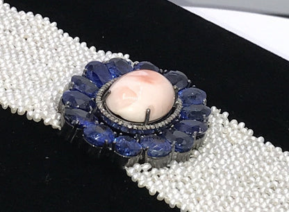 Coral and Kynite Designer Bracelet with Kynite and woven Pearls