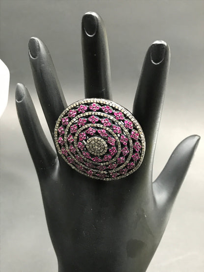 Round Pave Diamond Ring .925 Oxidized Sterling Silver Diamond Ring, Genuine handmade pave diamond Ring Size Approx 1.68"(42 MM)