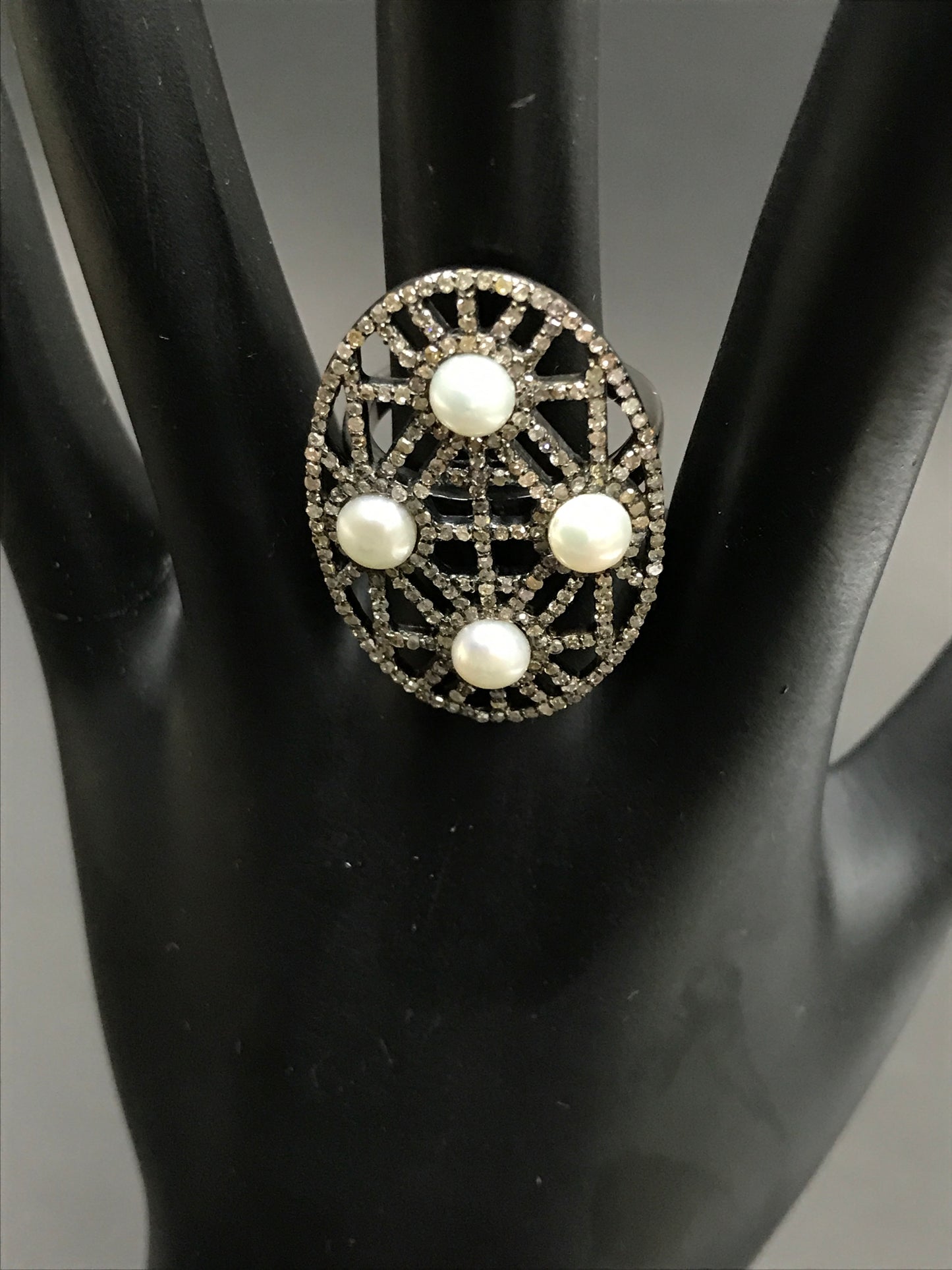 Round Pave Diamond Ring .925 Oxidized Sterling Silver Diamond Ring, Genuine handmade pave diamond Ring Size Approx 1.28"(21 x 32 MM)
