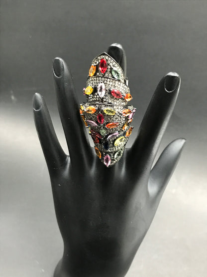 Diamond and Silver Multi Sapphire Stone Black Rhodium Finish Ring