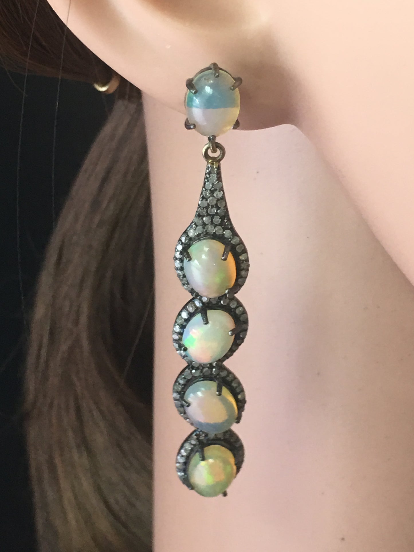 Diamond Art Deco Opal with Diamond Earring, Pave Diamond Earring, Pave Art Deco Earring, Appx 69x 11mm. Sterling Silver