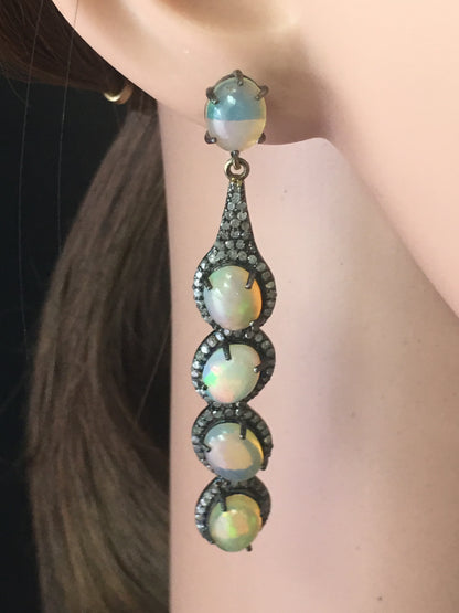 Diamond Art Deco Opal with Diamond Earring, Pave Diamond Earring, Pave Art Deco Earring, Appx 69x 11mm. Sterling Silver