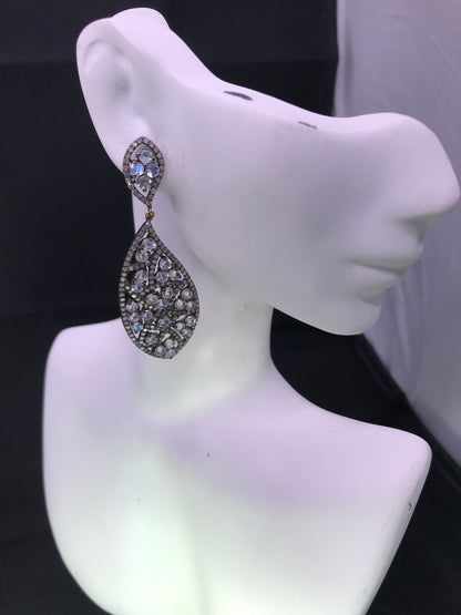 Diamond and Silver White Rainbow Moon Stone Black Rhodium Finish Earrings