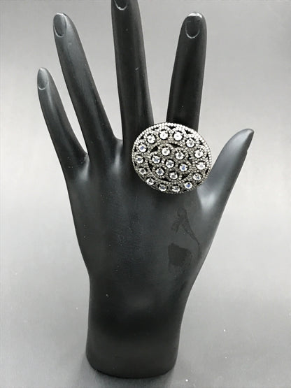 Diamond and Silver Rainbow Moonstone Black Rhodium Finish Ring