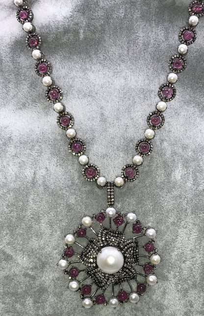 Pink Tourmaline and pearl designer pendant necklace with Diamonds