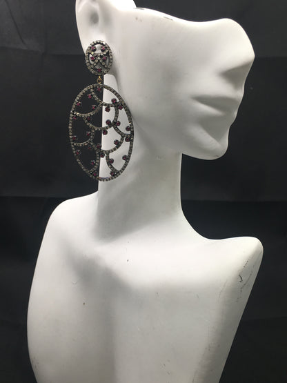 Diamond and Silver Ruby Black Rhodium Finish Earrings