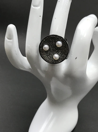 Diamond and Silver Pearl Black Rhodium Finish Ring
