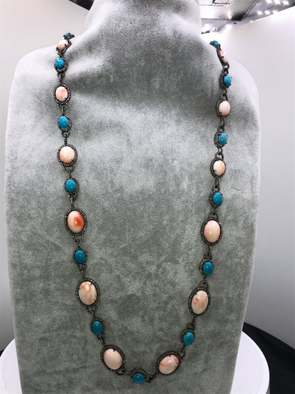 Pink Coral and Turquoise Natural Designer Necklace with Diamonds