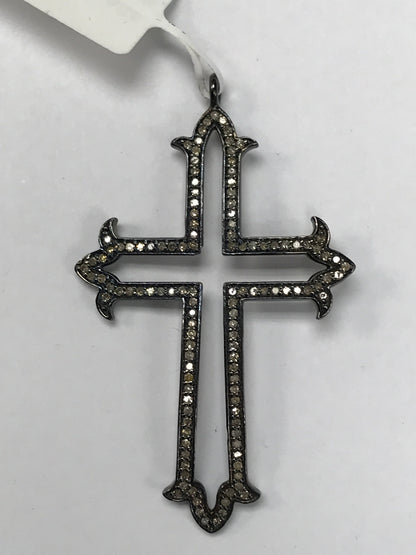 Diamond Gothic Cross Diamond Pendant, Pave Diamond Pendant, Gothic Cross Necklace, Approx 64 x 35mm. Sterling Silver