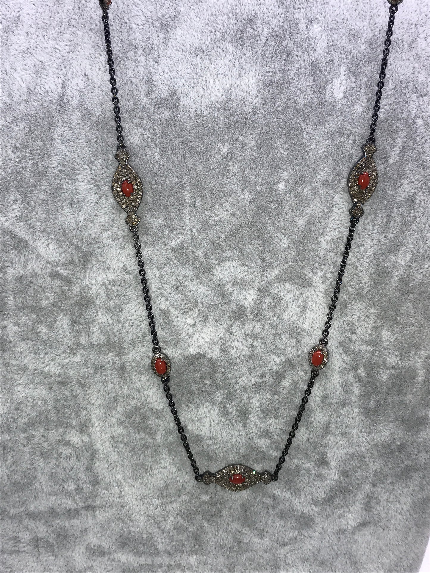 Coral and diamond silver chain necklace