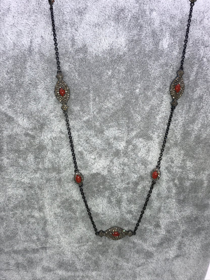 Coral and diamond silver chain necklace