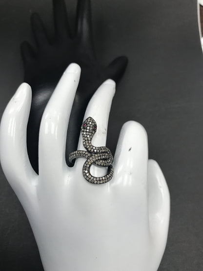 Snake Diamond and Ruby Silver Black Rhodium Finish Rings