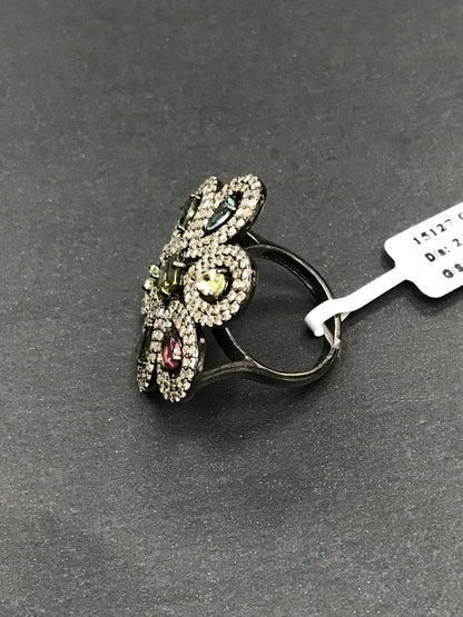 FLOWER DIAMOND AND MULTI TOURMALINE RINGS