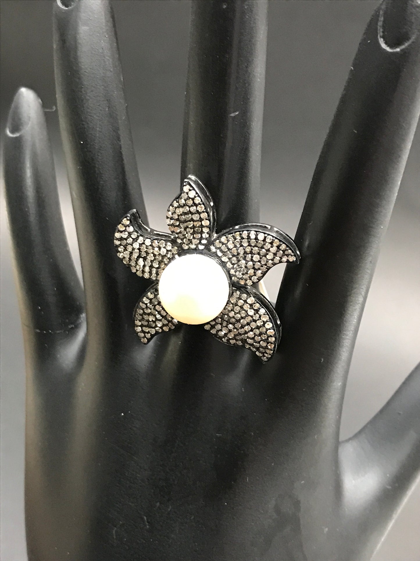 Flower Pave Diamond Ring .925 Oxidized Sterling Silver Diamond Ring, Genuine handmade pave diamond Ring Size Approx 1.20"(30 MM)