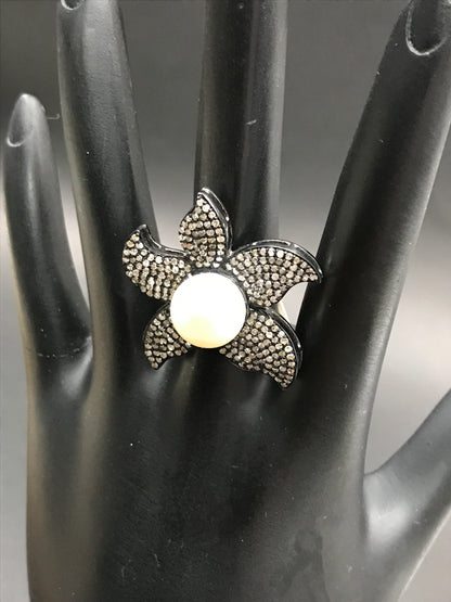 Flower Pave Diamond Ring .925 Oxidized Sterling Silver Diamond Ring, Genuine handmade pave diamond Ring Size Approx 1.20"(30 MM)