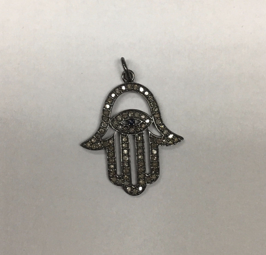 Diamond  Hamsa Hand with Blue Sapphire Pendant, Pave Diamond Pendant,  Hamsa Hand Necklace, Approx 27 x 22mm. Sterling Silver