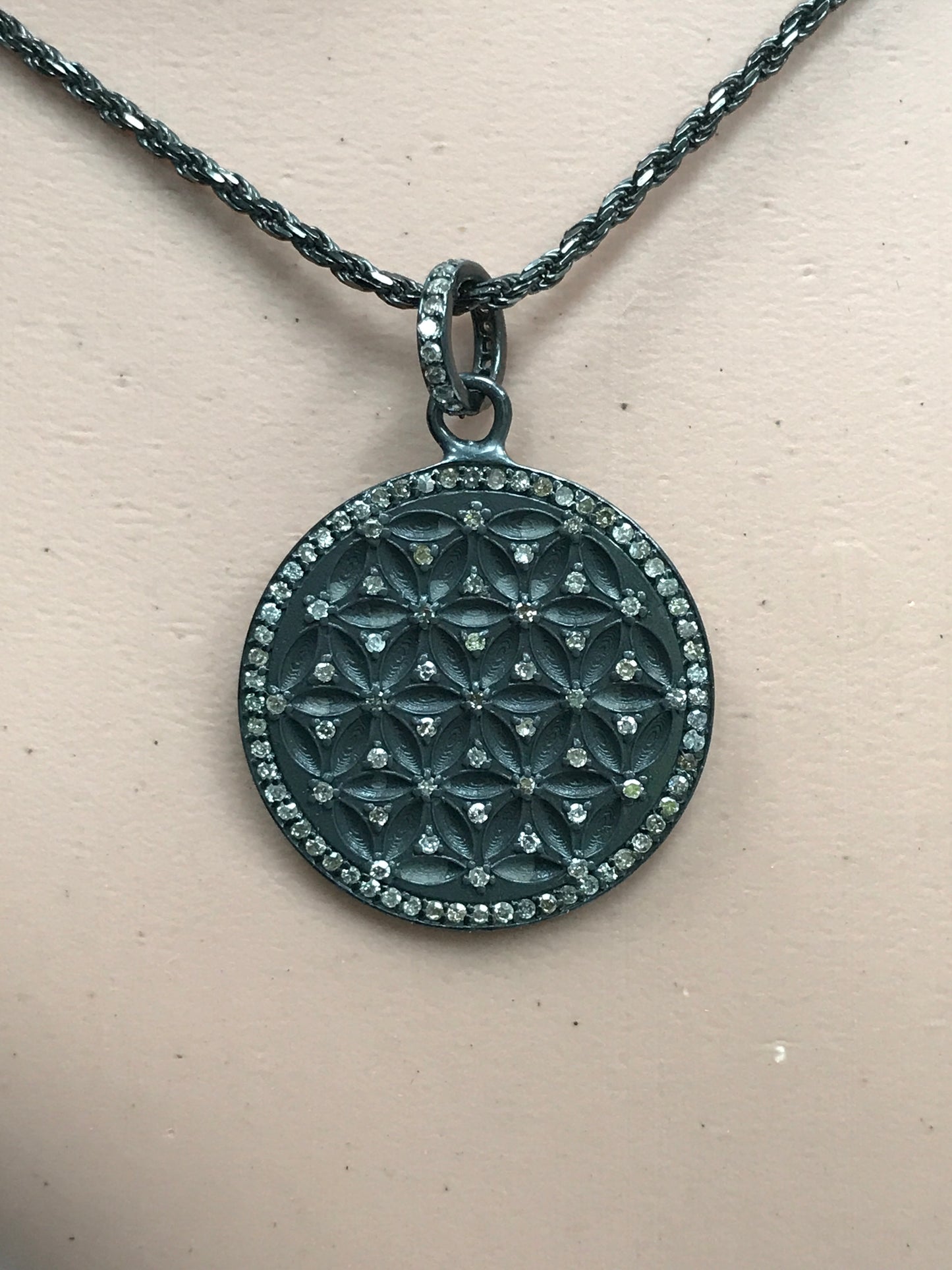 Round Shape Silver Pave Diamond Pendant .925 Oxidized Sterling Silver Diamond Pendant, Genuine handmade pave diamond Pendant Size 25 MM