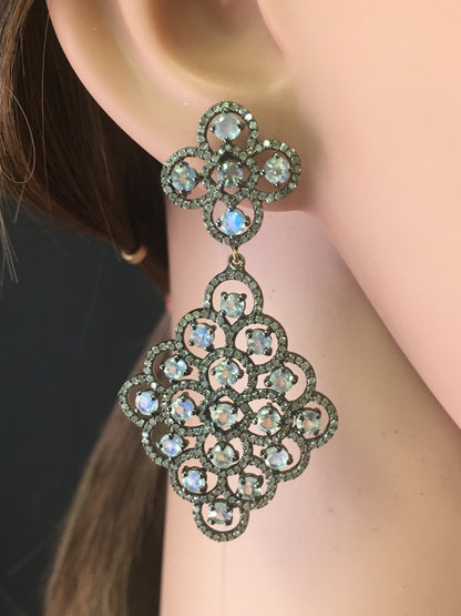 Diamond and Rainbow Moonstone Flower Earring