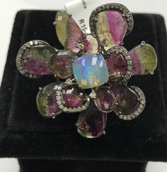 Tourmaline Watermelon and Diamond Ring