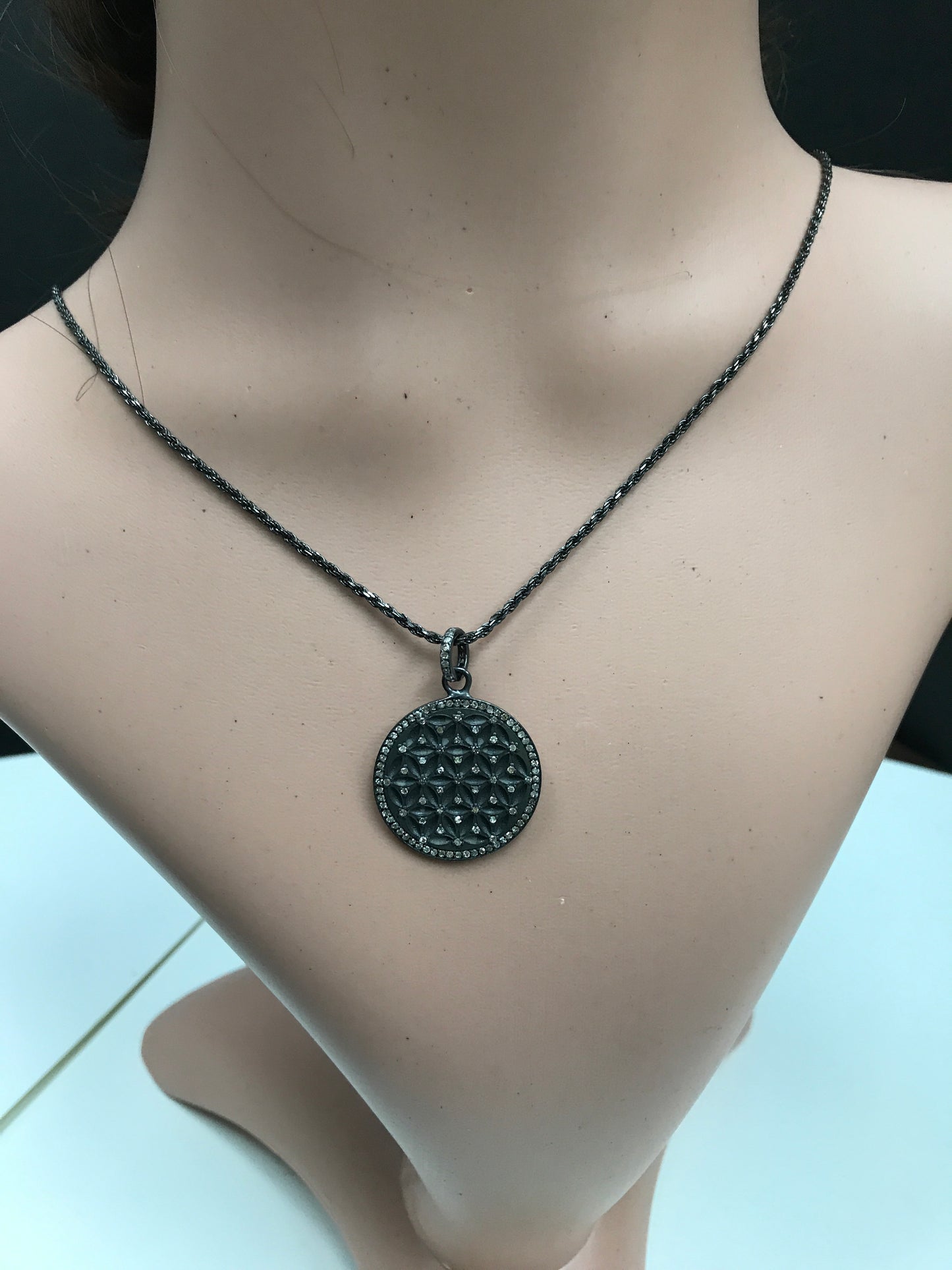 Round Shape Silver Pave Diamond Pendant .925 Oxidized Sterling Silver Diamond Pendant, Genuine handmade pave diamond Pendant Size 25 MM