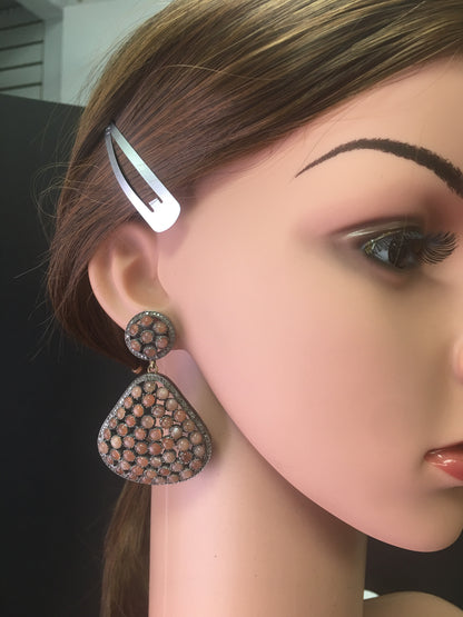 Diamond And Peach Moonstone Earrings