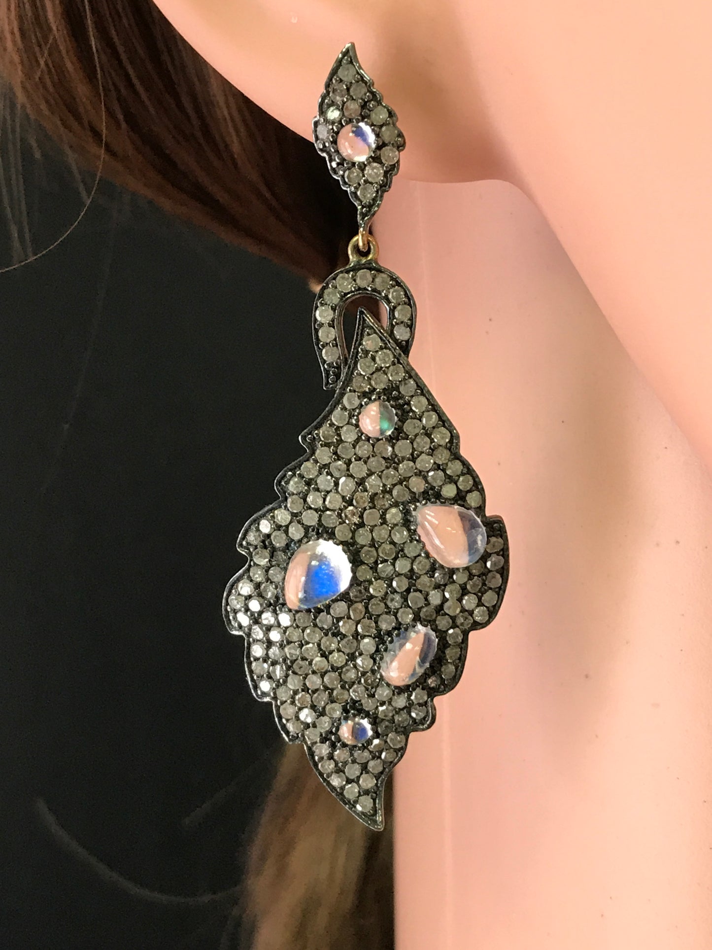 Diamond and Silver White Rainbow Moon Stone Black Rhodium Finish Earrings