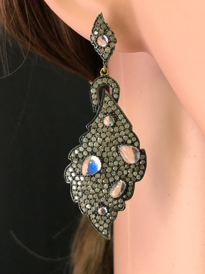 Diamond and Silver White Rainbow Moon Stone Black Rhodium Finish Earrings