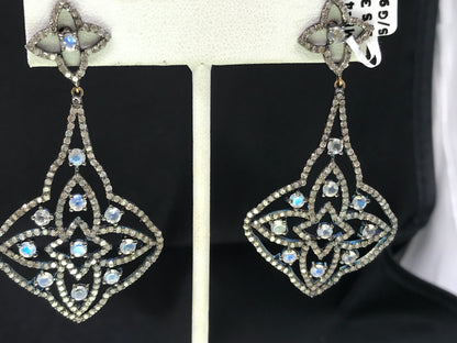 Diamond and White Rainbow Moonstone Silver Earrings
