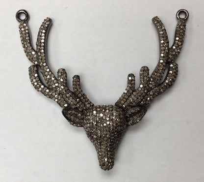 Pave Diamond Pendant, Pave Deer Antler, Pave Deer Charm, Diamond Deer Pendant, Approx 2.1''(47 x 54mm), Oxidized Silver
