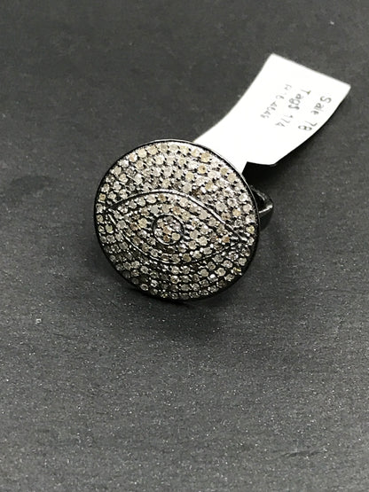 Diamond Oval Shape Eye Diamond Ring, Pave Diamond Ring,Pave Round Shapre Eye Ring, Appx 19 x 19mm. Sterling Silver