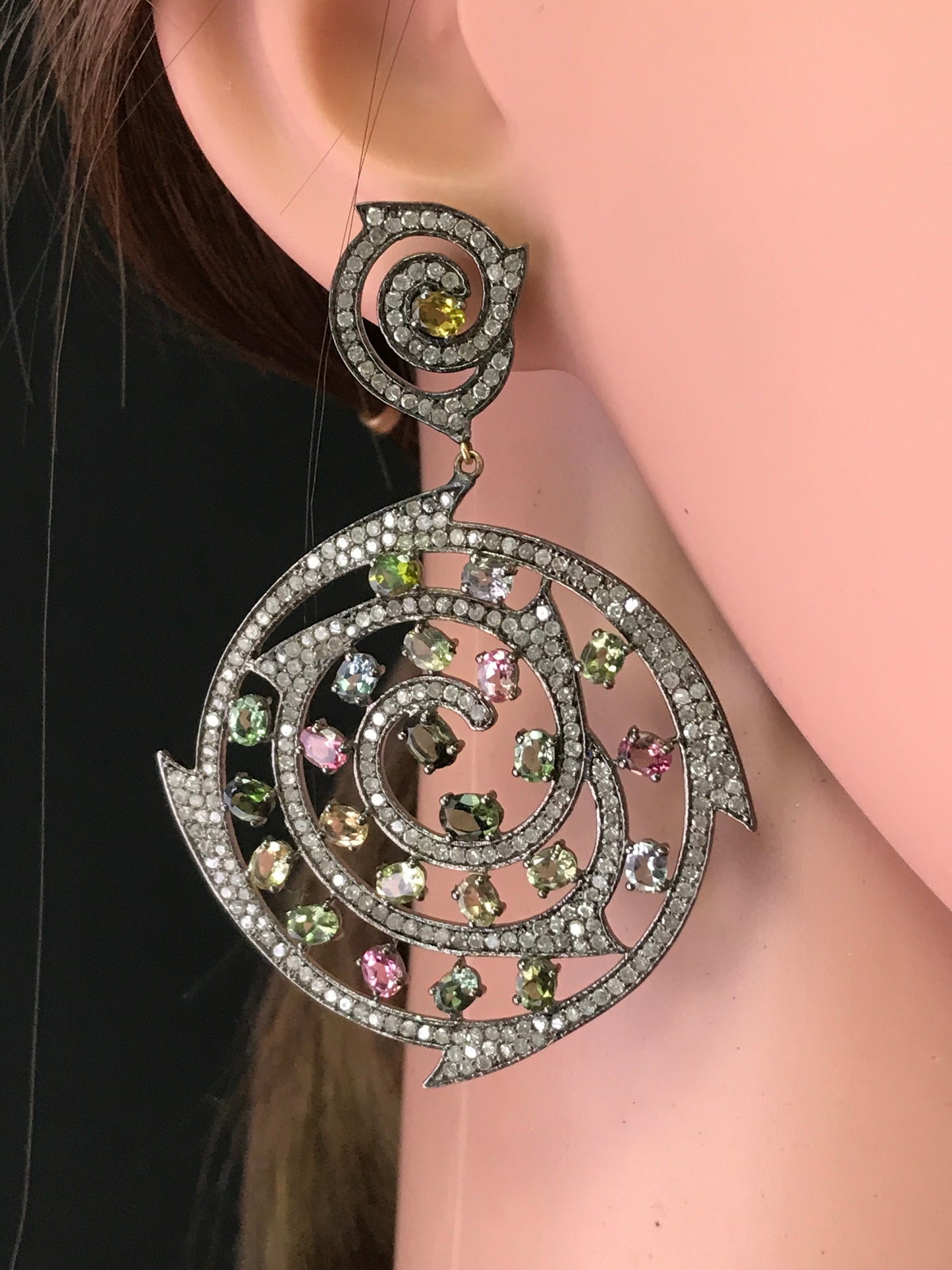 Diamond and Silver Multi Tourmaline Black Rhodium Finish Earring