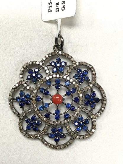 Flower Shape Diamond Pendant .925 Oxidized Sterling Silver Diamond Pendant, Genuine handmade pave diamond Pendant.