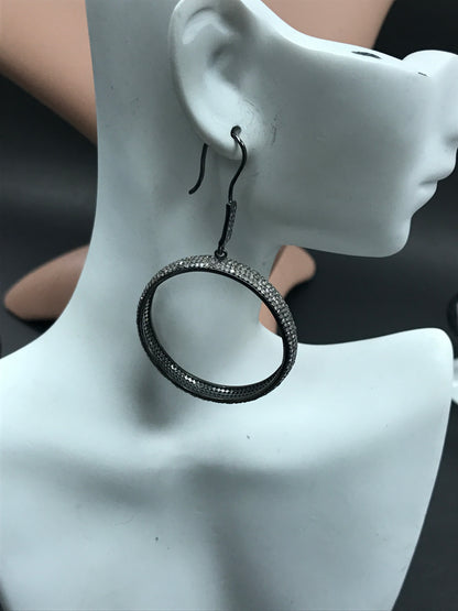 Round Diamond Silver Earring .925 Oxidized Sterling Silver Diamond Earring, Genuine handmade pave diamond Earring Size 2.80"(6 x 70 MM )