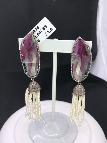 Natural Ruby zosite and Diamond Stud Earrings