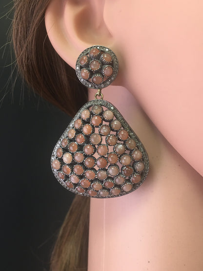 Diamond And Peach Moonstone Earrings