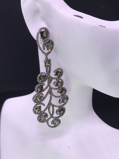 Diamond and Tourmaline Silver Black Rhodium Finish Earrings