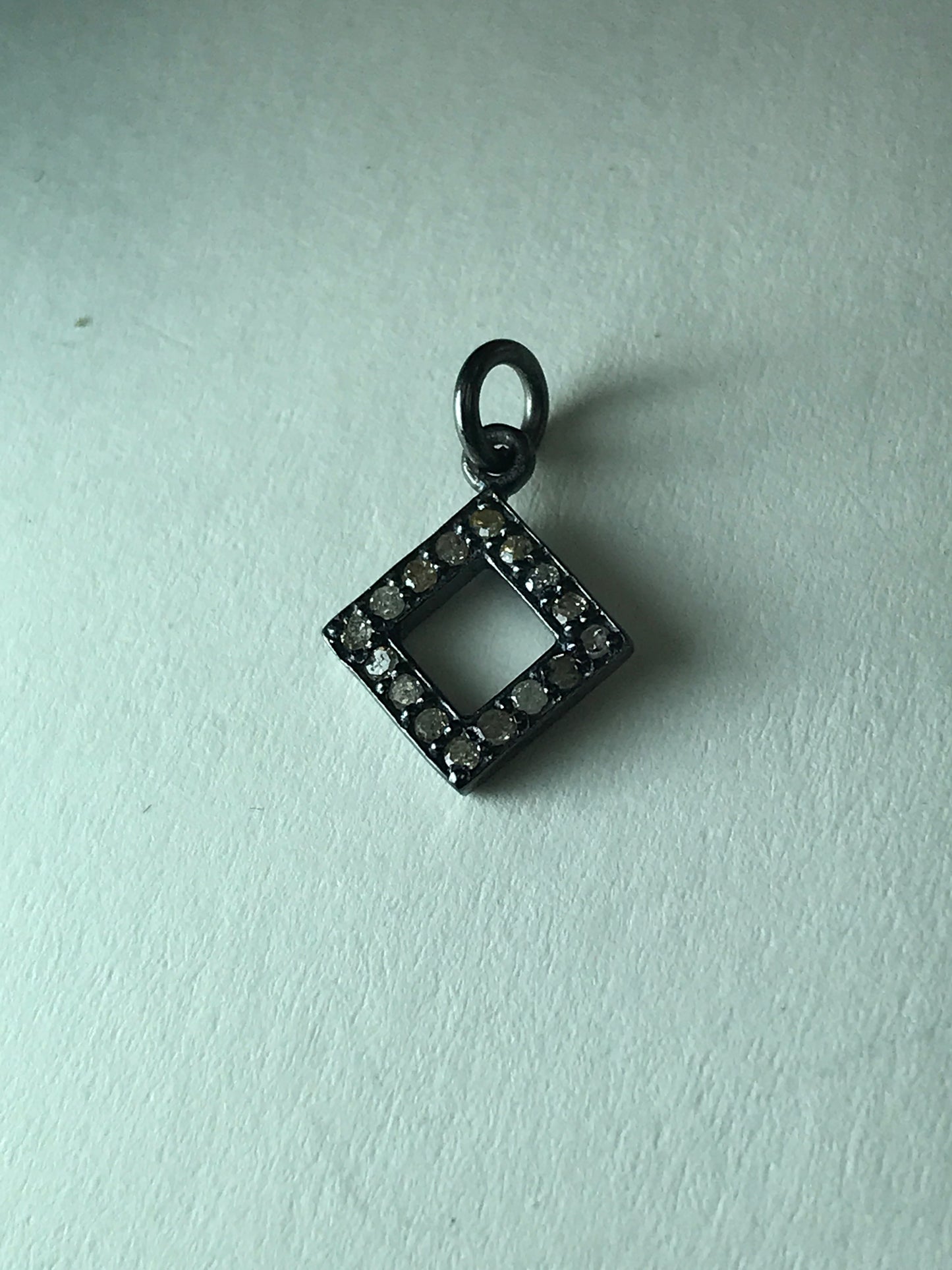 Open Square Shape Diamond Silver Charm, 11mm Fine Natural Diamonds and Silver