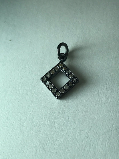 Open Square Shape Diamond Silver Charm, 11mm Fine Natural Diamonds and Silver