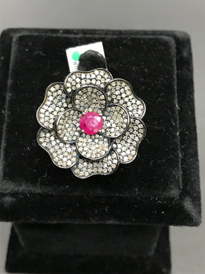 Diamond and Silver Ruby Black Rhodium Finish Ring