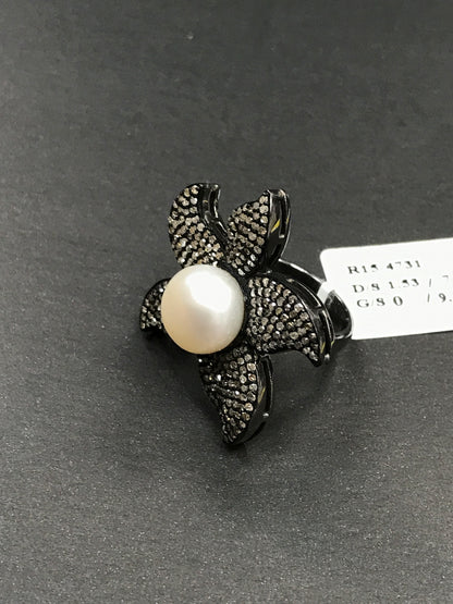 Flower Pave Diamond Ring .925 Oxidized Sterling Silver Diamond Ring, Genuine handmade pave diamond Ring Size Approx 1.20"(30 MM)