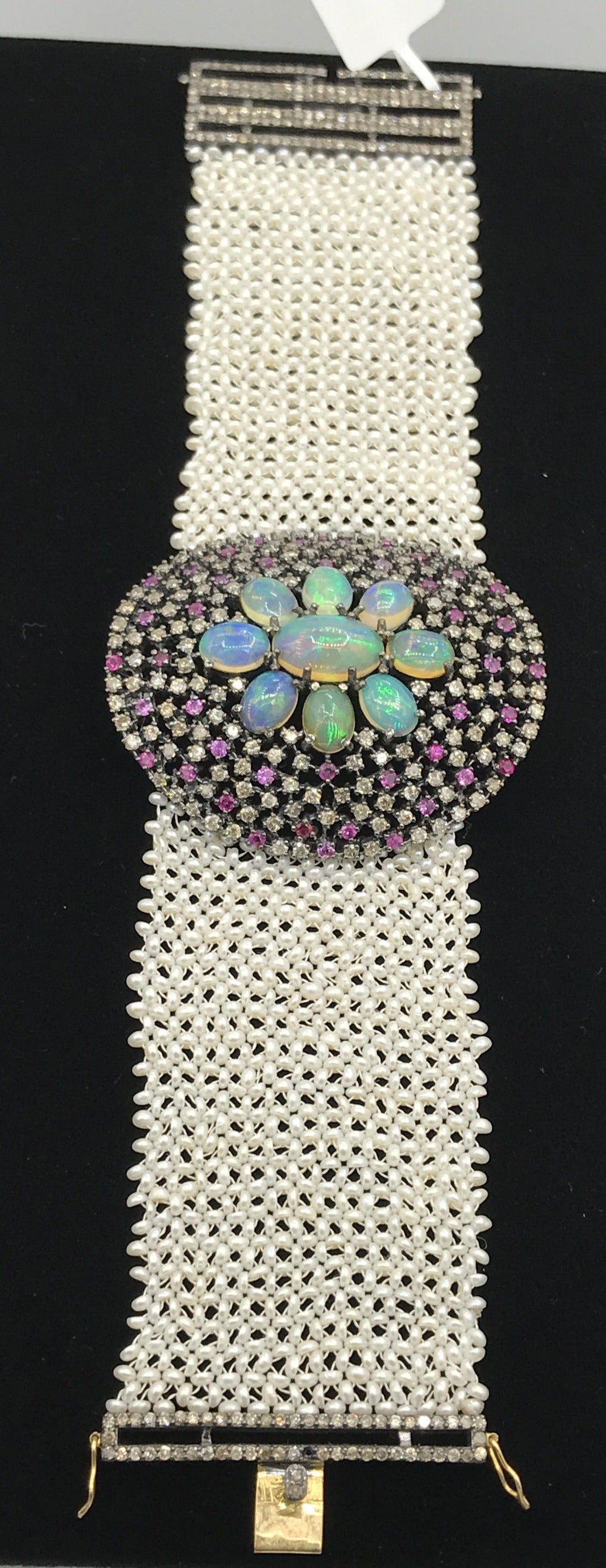 Opal and Diamond Designer Bracelet Pearl Woven